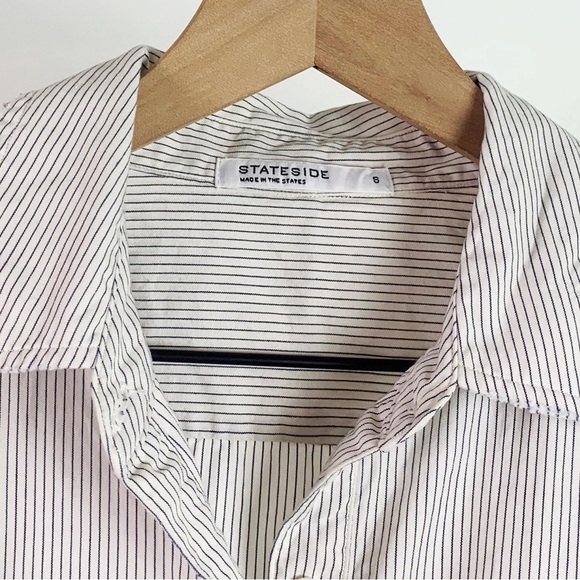 NWT Stateside Classic Cotton Poplin Button Down Shirt in Skinny Blue Stripe - Picture 4 of 7